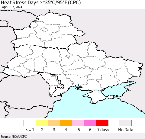 Ukraine, Moldova and Belarus Heat Stress Days >=35°C/95°F (CPC) Thematic Map For 4/1/2024 - 4/7/2024