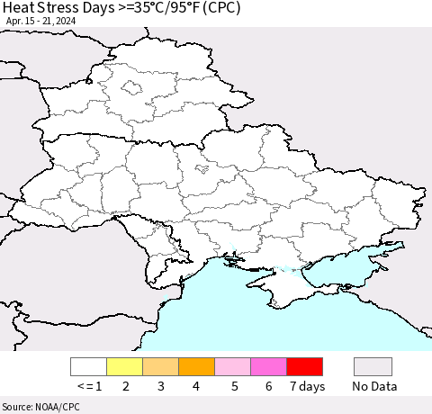 Ukraine, Moldova and Belarus Heat Stress Days >=35°C/95°F (CPC) Thematic Map For 4/15/2024 - 4/21/2024