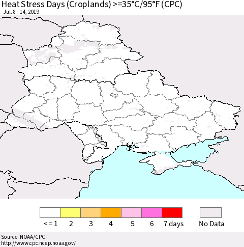 Ukraine, Moldova and Belarus Heat Stress Days (Croplands) >=35°C/95°F (CPC) Thematic Map For 7/8/2019 - 7/14/2019