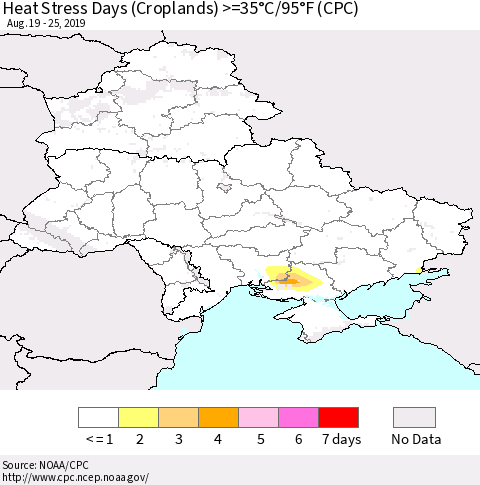 Ukraine, Moldova and Belarus Heat Stress Days (Croplands) >=35°C/95°F (CPC) Thematic Map For 8/19/2019 - 8/25/2019
