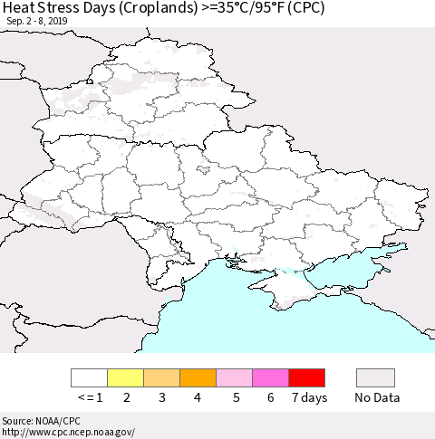 Ukraine, Moldova and Belarus Heat Stress Days (Croplands) >=35°C/95°F (CPC) Thematic Map For 9/2/2019 - 9/8/2019