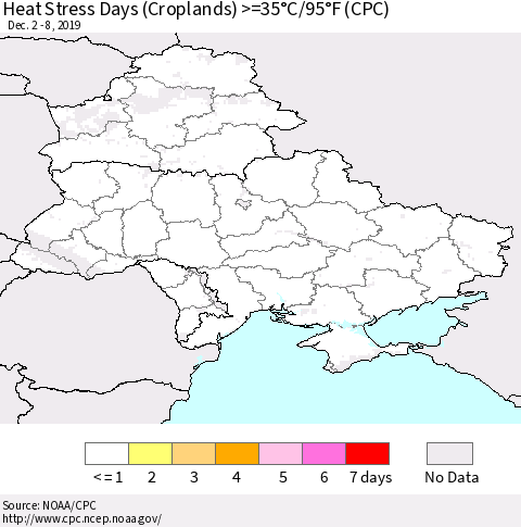 Ukraine, Moldova and Belarus Heat Stress Days (Croplands) >=35°C/95°F (CPC) Thematic Map For 12/2/2019 - 12/8/2019