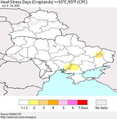 Ukraine, Moldova and Belarus Heat Stress Days (Croplands) >=35°C/95°F (CPC) Thematic Map For 6/8/2020 - 6/14/2020