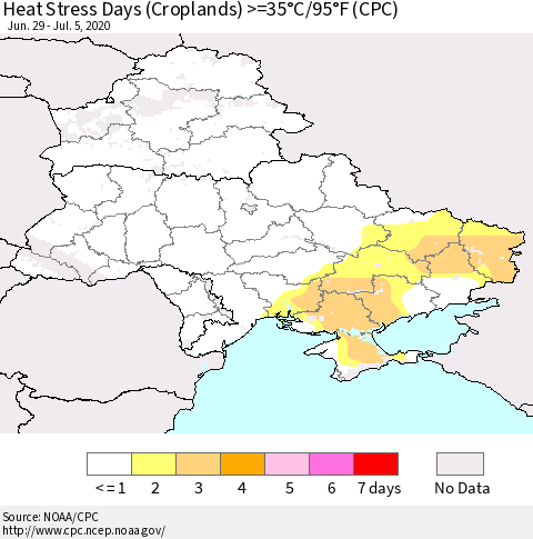 Ukraine, Moldova and Belarus Heat Stress Days (Croplands) >=35°C/95°F (CPC) Thematic Map For 6/29/2020 - 7/5/2020
