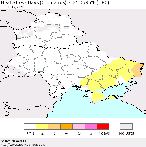 Ukraine, Moldova and Belarus Heat Stress Days (Croplands) >=35°C/95°F (CPC) Thematic Map For 7/6/2020 - 7/12/2020