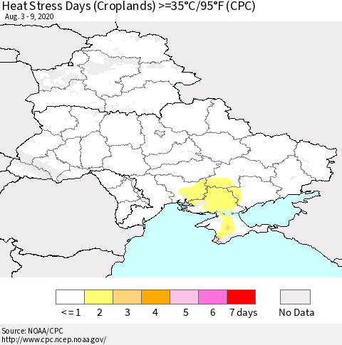 Ukraine, Moldova and Belarus Heat Stress Days (Croplands) >=35°C/95°F (CPC) Thematic Map For 8/3/2020 - 8/9/2020
