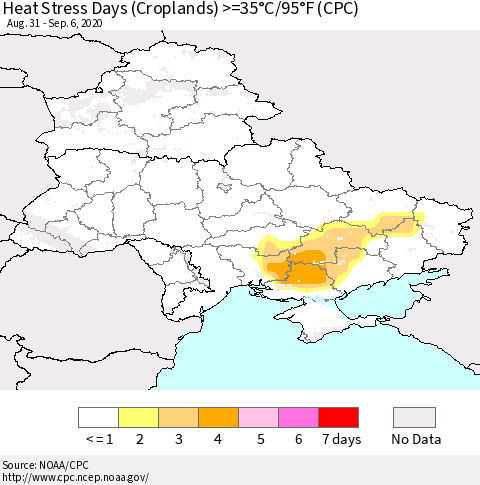 Ukraine, Moldova and Belarus Heat Stress Days (Croplands) >=35°C/95°F (CPC) Thematic Map For 8/31/2020 - 9/6/2020