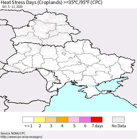 Ukraine, Moldova and Belarus Heat Stress Days (Croplands) >=35°C/95°F (CPC) Thematic Map For 10/5/2020 - 10/11/2020
