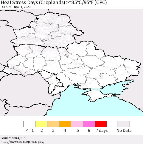 Ukraine, Moldova and Belarus Heat Stress Days (Croplands) >=35°C/95°F (CPC) Thematic Map For 10/26/2020 - 11/1/2020