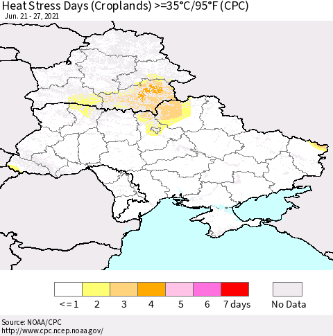 Ukraine, Moldova and Belarus Heat Stress Days (Croplands) >=35°C/95°F (CPC) Thematic Map For 6/21/2021 - 6/27/2021