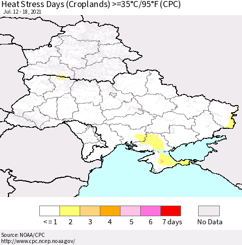 Ukraine, Moldova and Belarus Heat Stress Days (Croplands) >=35°C/95°F (CPC) Thematic Map For 7/12/2021 - 7/18/2021