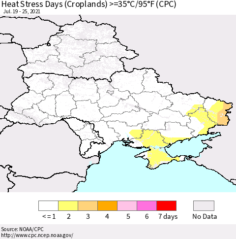 Ukraine, Moldova and Belarus Heat Stress Days (Croplands) >=35°C/95°F (CPC) Thematic Map For 7/19/2021 - 7/25/2021