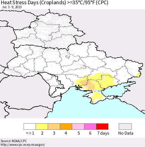 Ukraine, Moldova and Belarus Heat Stress Days (Croplands) >=35°C/95°F (CPC) Thematic Map For 7/3/2023 - 7/9/2023