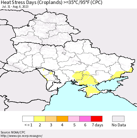 Ukraine, Moldova and Belarus Heat Stress Days (Croplands) >=35°C/95°F (CPC) Thematic Map For 7/31/2023 - 8/6/2023