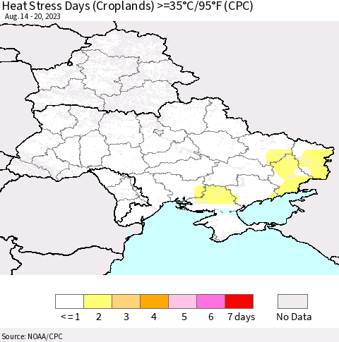 Ukraine, Moldova and Belarus Heat Stress Days (Croplands) >=35°C/95°F (CPC) Thematic Map For 8/14/2023 - 8/20/2023