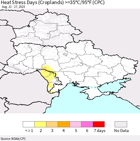 Ukraine, Moldova and Belarus Heat Stress Days (Croplands) >=35°C/95°F (CPC) Thematic Map For 8/21/2023 - 8/27/2023