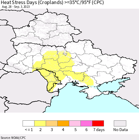 Ukraine, Moldova and Belarus Heat Stress Days (Croplands) >=35°C/95°F (CPC) Thematic Map For 8/28/2023 - 9/3/2023