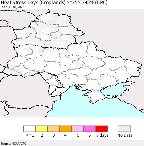 Ukraine, Moldova and Belarus Heat Stress Days (Croplands) >=35°C/95°F (CPC) Thematic Map For 9/4/2023 - 9/10/2023