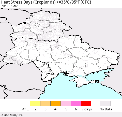 Ukraine, Moldova and Belarus Heat Stress Days (Croplands) >=35°C/95°F (CPC) Thematic Map For 4/1/2024 - 4/7/2024