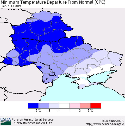 Ukraine, Moldova and Belarus Mean Minimum Temperature Departure from Normal (CPC) Thematic Map For 1/7/2019 - 1/13/2019