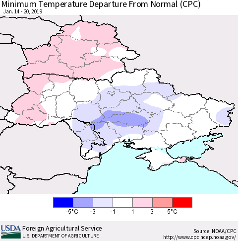 Ukraine, Moldova and Belarus Minimum Temperature Departure From Normal (CPC) Thematic Map For 1/14/2019 - 1/20/2019