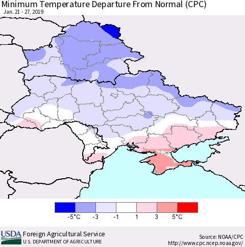 Ukraine, Moldova and Belarus Minimum Temperature Departure From Normal (CPC) Thematic Map For 1/21/2019 - 1/27/2019