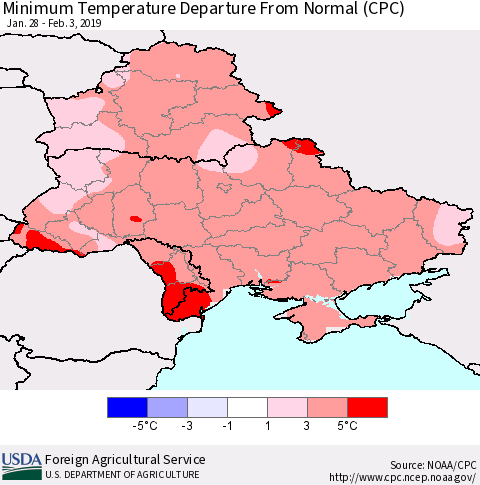 Ukraine, Moldova and Belarus Minimum Temperature Departure From Normal (CPC) Thematic Map For 1/28/2019 - 2/3/2019