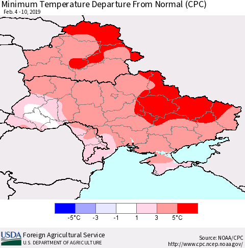 Ukraine, Moldova and Belarus Minimum Temperature Departure From Normal (CPC) Thematic Map For 2/4/2019 - 2/10/2019