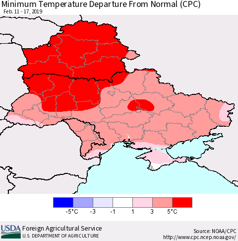 Ukraine, Moldova and Belarus Minimum Temperature Departure From Normal (CPC) Thematic Map For 2/11/2019 - 2/17/2019