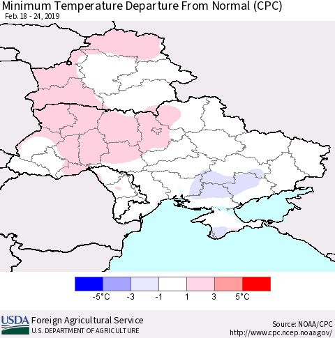 Ukraine, Moldova and Belarus Mean Minimum Temperature Departure from Normal (CPC) Thematic Map For 2/18/2019 - 2/24/2019