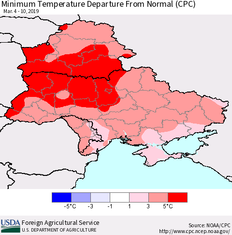 Ukraine, Moldova and Belarus Mean Minimum Temperature Departure from Normal (CPC) Thematic Map For 3/4/2019 - 3/10/2019