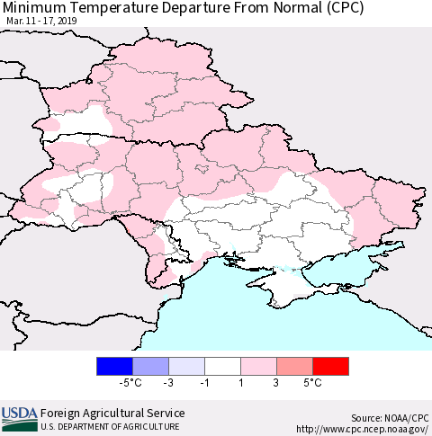Ukraine, Moldova and Belarus Minimum Temperature Departure From Normal (CPC) Thematic Map For 3/11/2019 - 3/17/2019