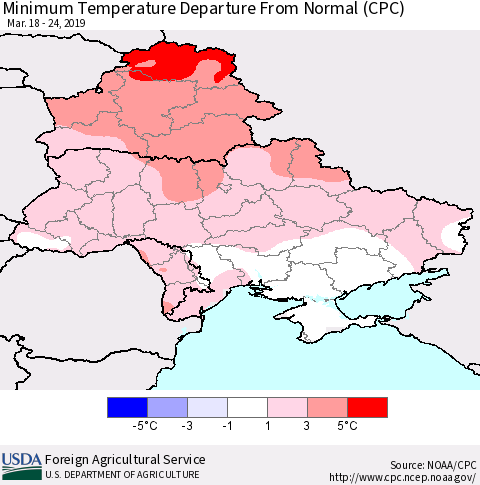 Ukraine, Moldova and Belarus Minimum Temperature Departure From Normal (CPC) Thematic Map For 3/18/2019 - 3/24/2019