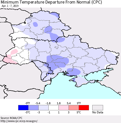 Ukraine, Moldova and Belarus Minimum Temperature Departure From Normal (CPC) Thematic Map For 4/1/2019 - 4/7/2019