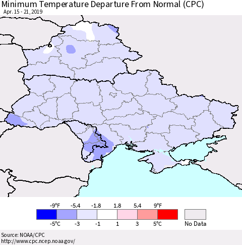 Ukraine, Moldova and Belarus Minimum Temperature Departure From Normal (CPC) Thematic Map For 4/15/2019 - 4/21/2019