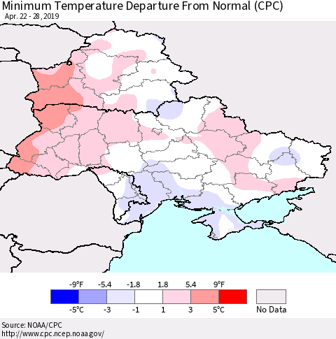 Ukraine, Moldova and Belarus Mean Minimum Temperature Departure from Normal (CPC) Thematic Map For 4/22/2019 - 4/28/2019