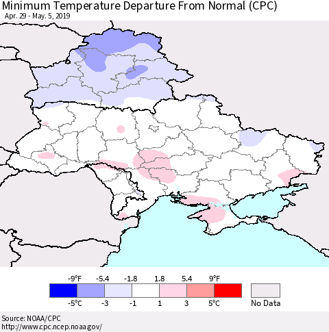 Ukraine, Moldova and Belarus Minimum Temperature Departure From Normal (CPC) Thematic Map For 4/29/2019 - 5/5/2019