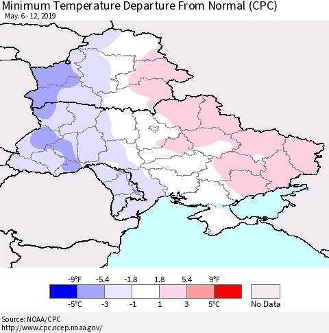 Ukraine, Moldova and Belarus Minimum Temperature Departure From Normal (CPC) Thematic Map For 5/6/2019 - 5/12/2019