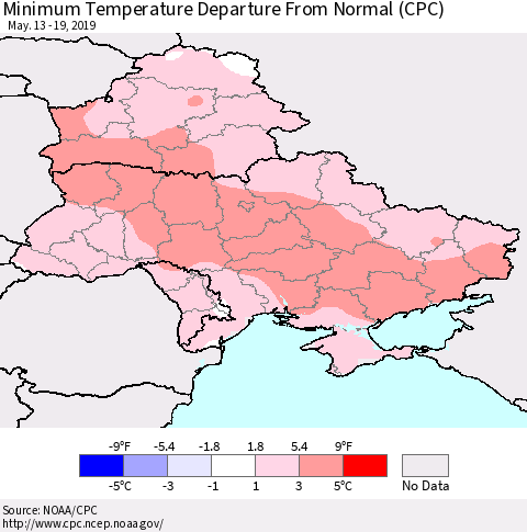 Ukraine, Moldova and Belarus Minimum Temperature Departure From Normal (CPC) Thematic Map For 5/13/2019 - 5/19/2019