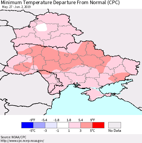 Ukraine, Moldova and Belarus Minimum Temperature Departure From Normal (CPC) Thematic Map For 5/27/2019 - 6/2/2019