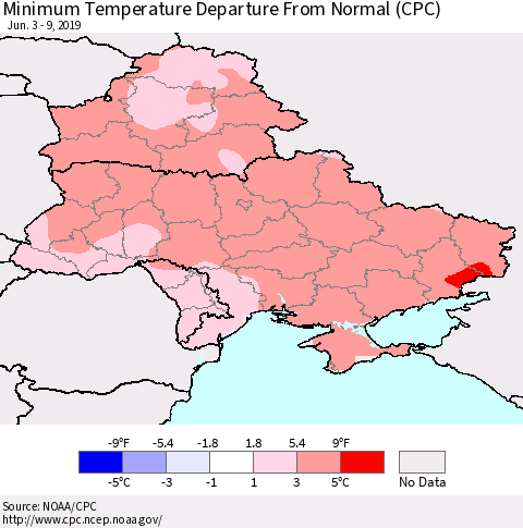 Ukraine, Moldova and Belarus Minimum Temperature Departure From Normal (CPC) Thematic Map For 6/3/2019 - 6/9/2019
