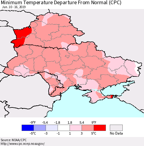 Ukraine, Moldova and Belarus Mean Minimum Temperature Departure from Normal (CPC) Thematic Map For 6/10/2019 - 6/16/2019