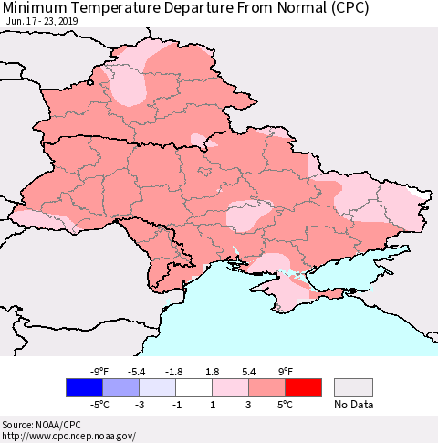 Ukraine, Moldova and Belarus Minimum Temperature Departure From Normal (CPC) Thematic Map For 6/17/2019 - 6/23/2019