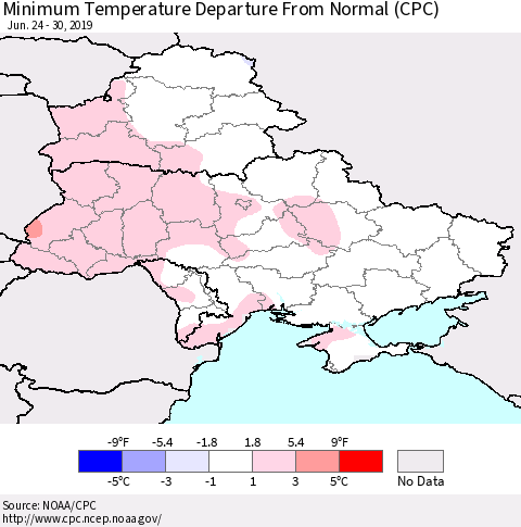 Ukraine, Moldova and Belarus Mean Minimum Temperature Departure from Normal (CPC) Thematic Map For 6/24/2019 - 6/30/2019