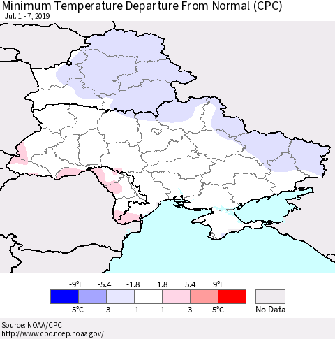 Ukraine, Moldova and Belarus Minimum Temperature Departure From Normal (CPC) Thematic Map For 7/1/2019 - 7/7/2019