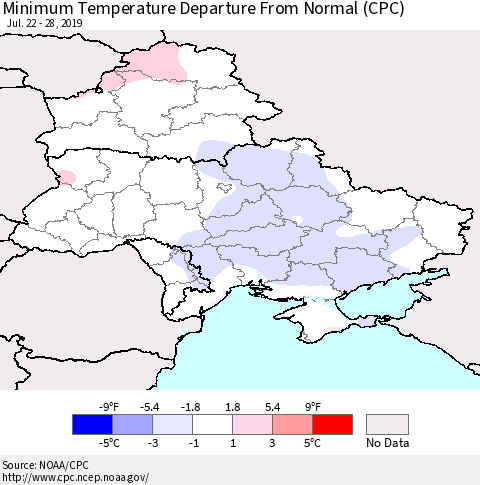 Ukraine, Moldova and Belarus Minimum Temperature Departure From Normal (CPC) Thematic Map For 7/22/2019 - 7/28/2019