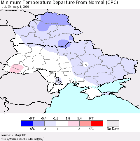 Ukraine, Moldova and Belarus Mean Minimum Temperature Departure from Normal (CPC) Thematic Map For 7/29/2019 - 8/4/2019