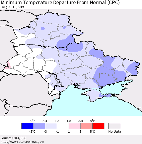 Ukraine, Moldova and Belarus Minimum Temperature Departure From Normal (CPC) Thematic Map For 8/5/2019 - 8/11/2019