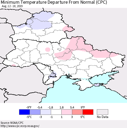 Ukraine, Moldova and Belarus Minimum Temperature Departure From Normal (CPC) Thematic Map For 8/12/2019 - 8/18/2019