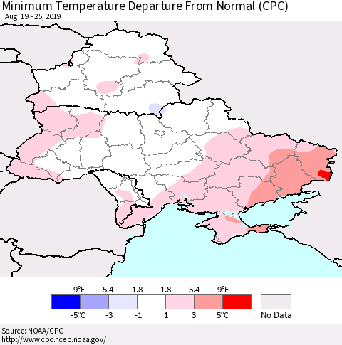 Ukraine, Moldova and Belarus Mean Minimum Temperature Departure from Normal (CPC) Thematic Map For 8/19/2019 - 8/25/2019